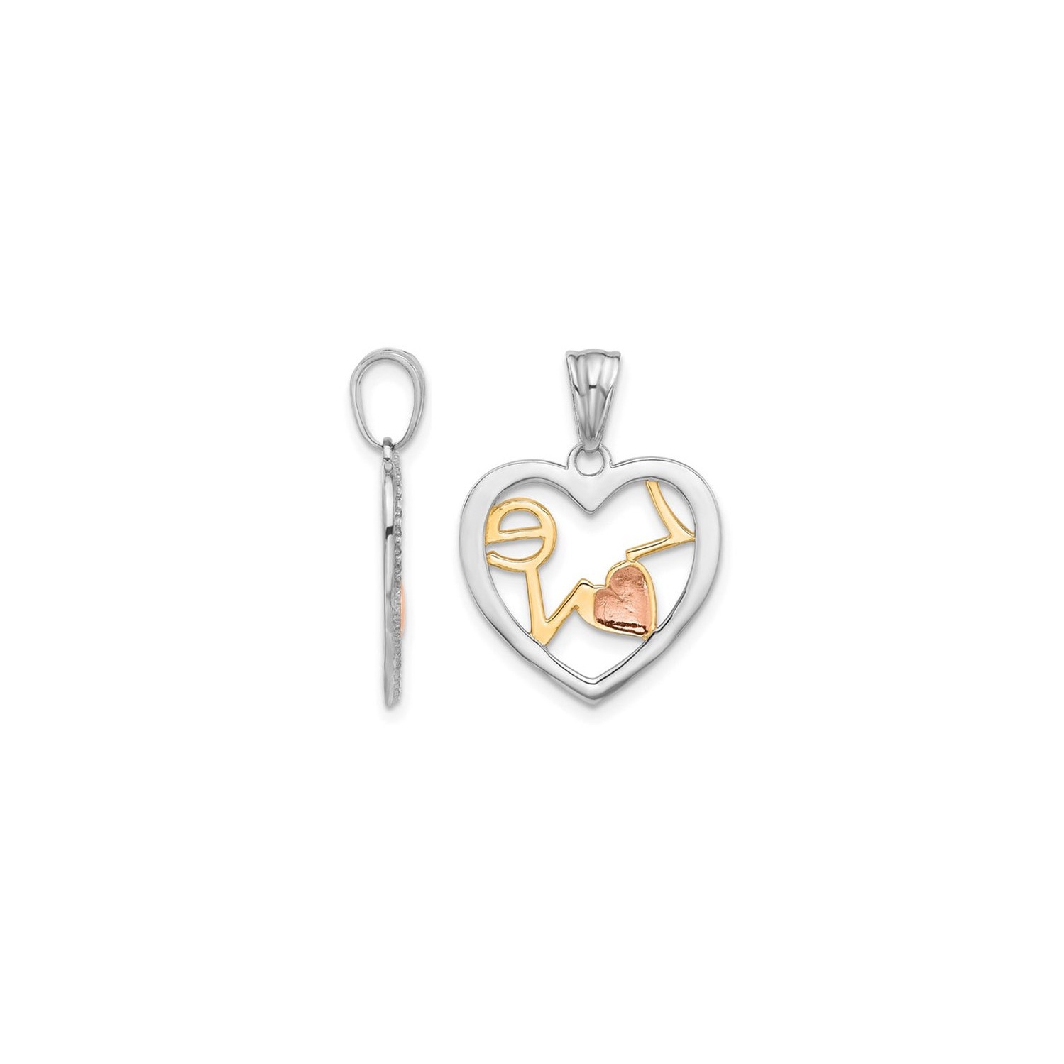 Collier à pendentif en or jaune, blanc et rose 14K ct avec chaîne à breloque en forme de coeur LOVE