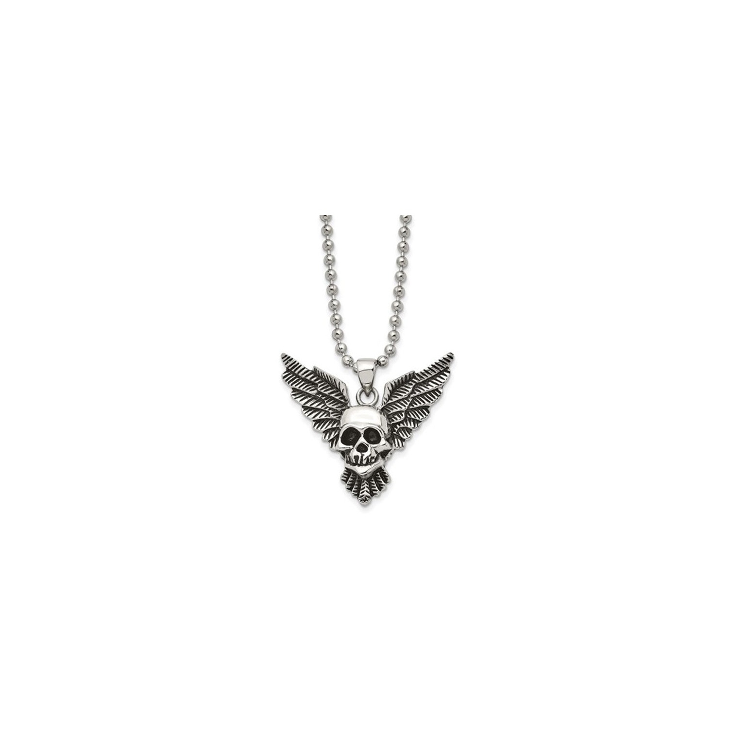 Stainless Steel Antiqued and Polished Skull with Wings Pendant Necklace with Chain