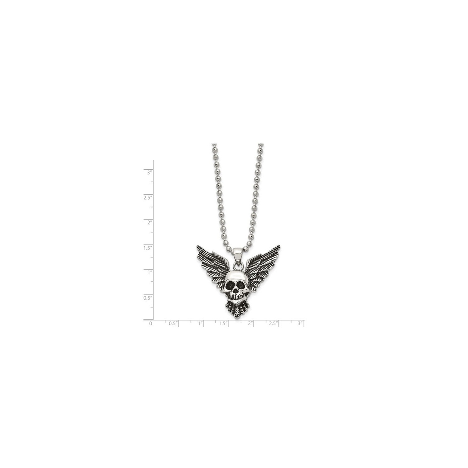 Stainless Steel Antiqued and Polished Skull with Wings Pendant Necklace with Chain