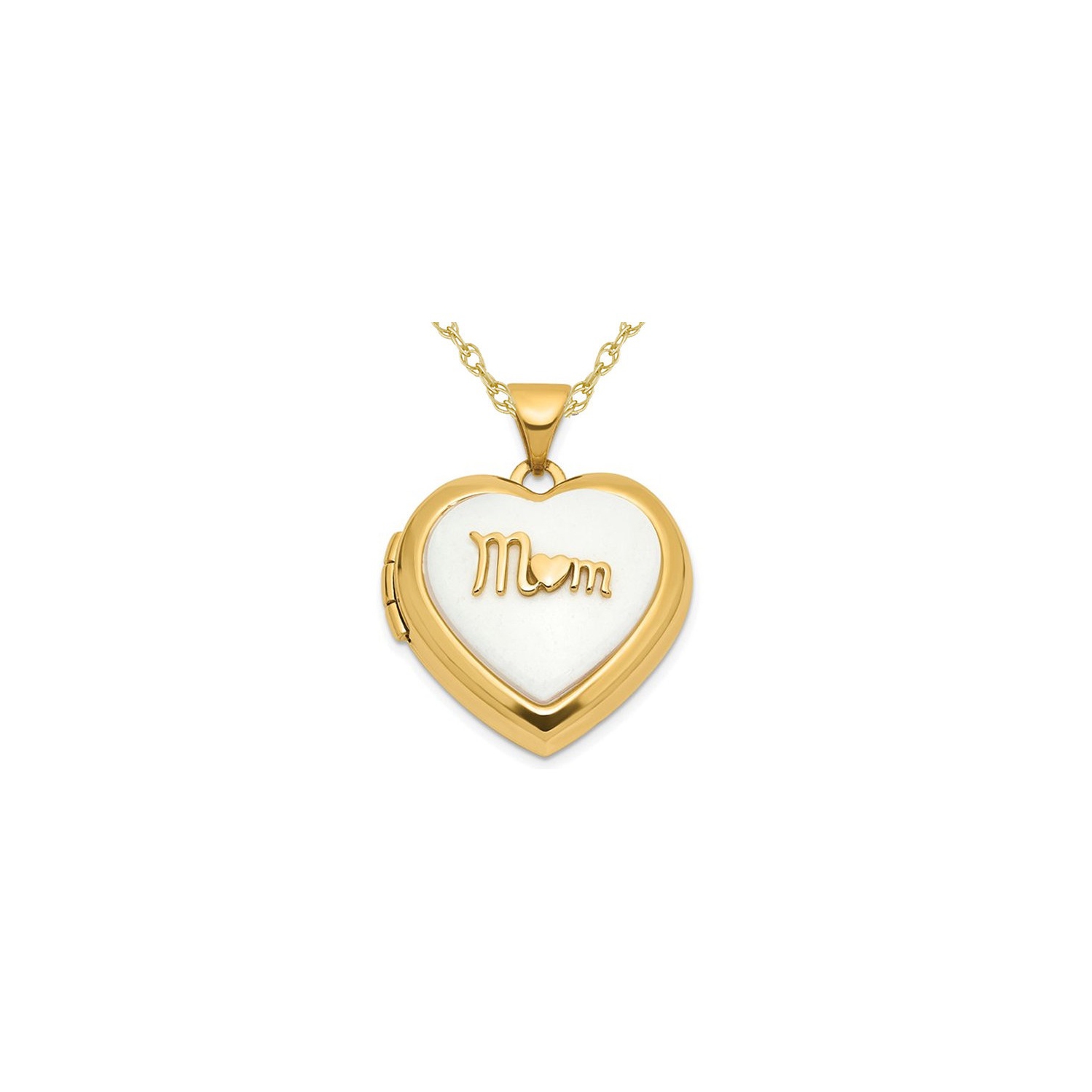 14K Yellow Gold Heart MOM Locket Pendant Necklace with White Agate and Chain