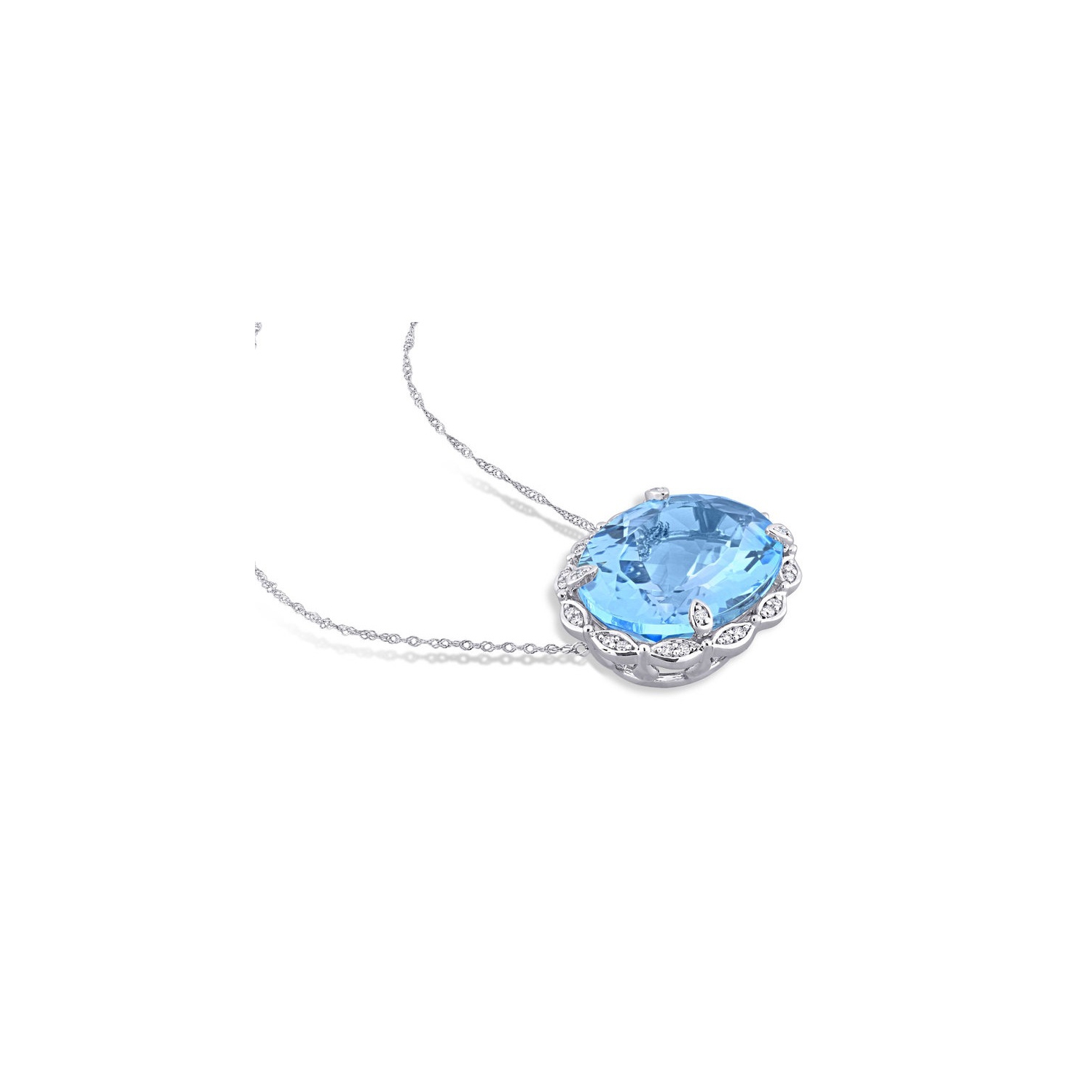 24.70 Carat Blue Topaz Pendant Necklace in 14K White Gold with Chain and Accent Diamonds