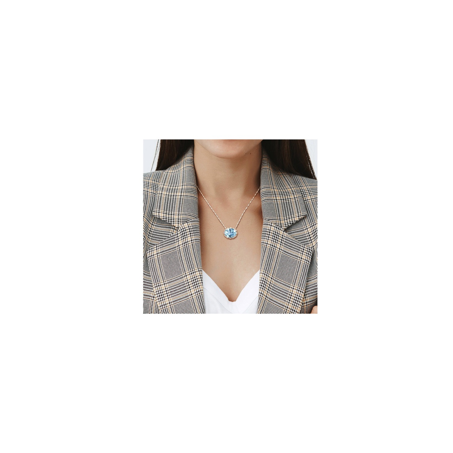 24.70 Carat Blue Topaz Pendant Necklace in 14K White Gold with Chain and Accent Diamonds