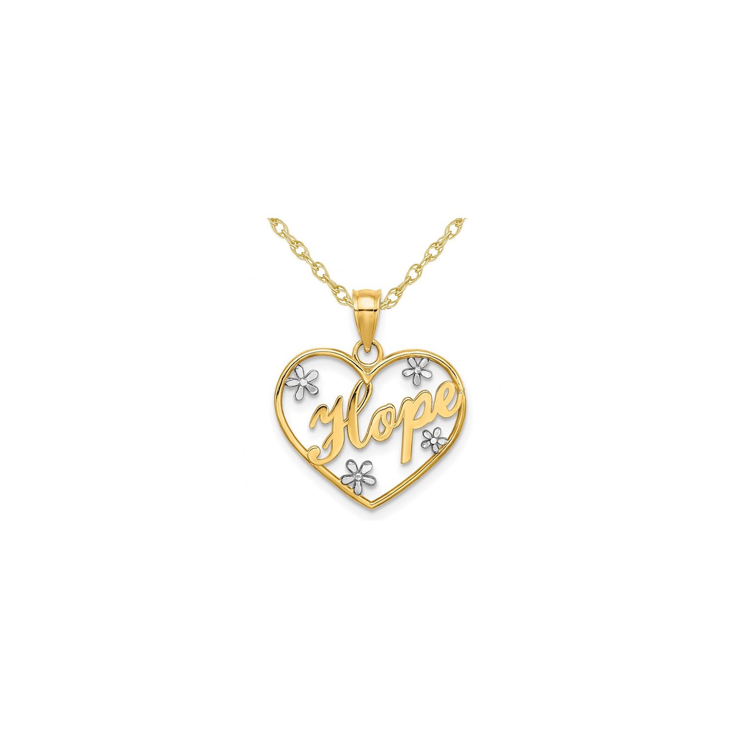 10K Yellow Gold Hope In Heart with Flowers Pendant Necklace with Chain