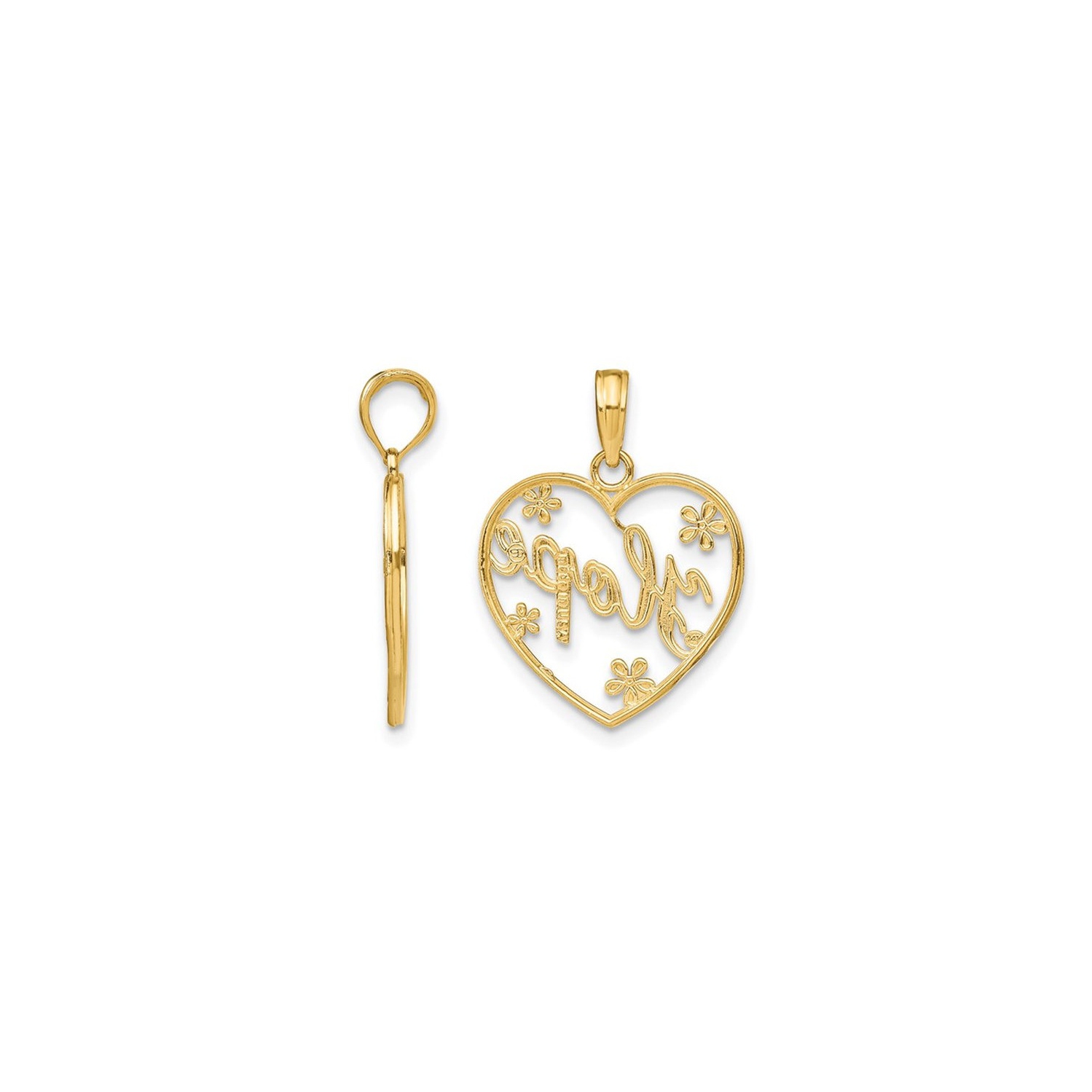10K Yellow Gold Hope In Heart with Flowers Pendant Necklace with Chain