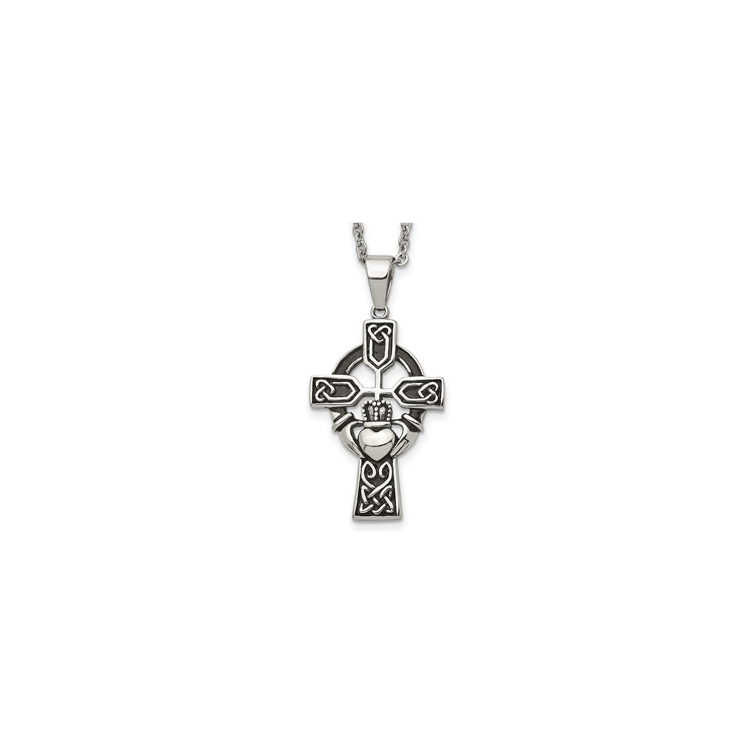 Stainless Steel Antiqued Claddagh Cross Pendant Necklace with Chain