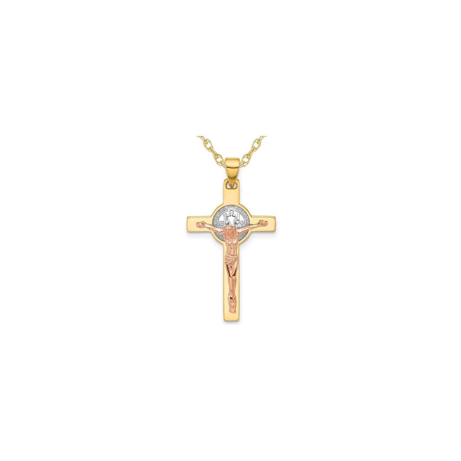 14K Yellow Gold Cross Crucifix and St Benedict Pendant Necklace with Chain