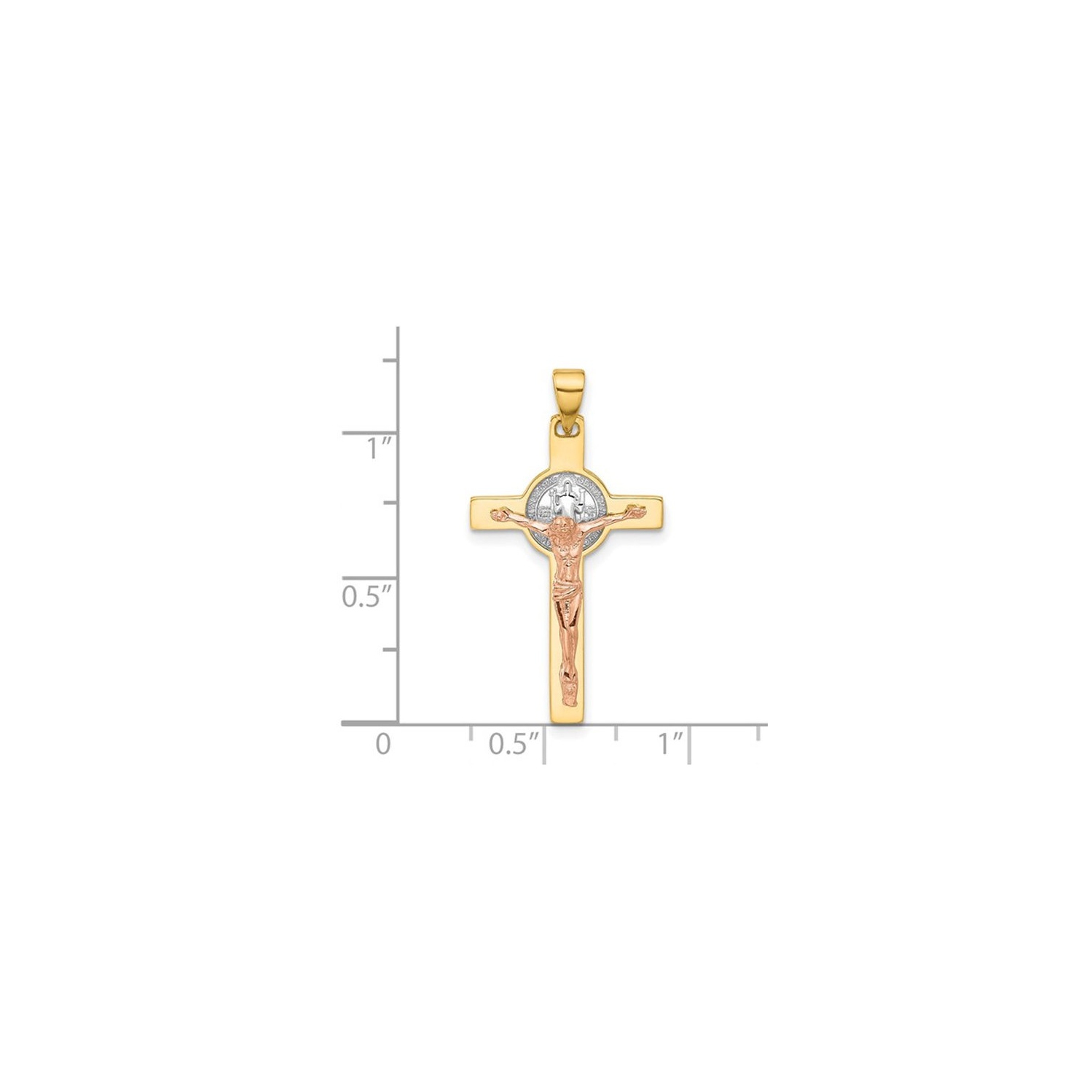 14K Yellow Gold Cross Crucifix and St Benedict Pendant Necklace with Chain