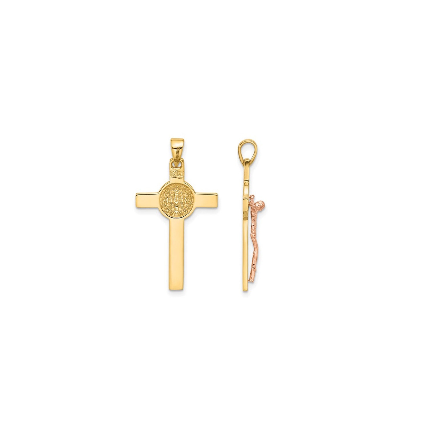 14K Yellow Gold Cross Crucifix and St Benedict Pendant Necklace with Chain