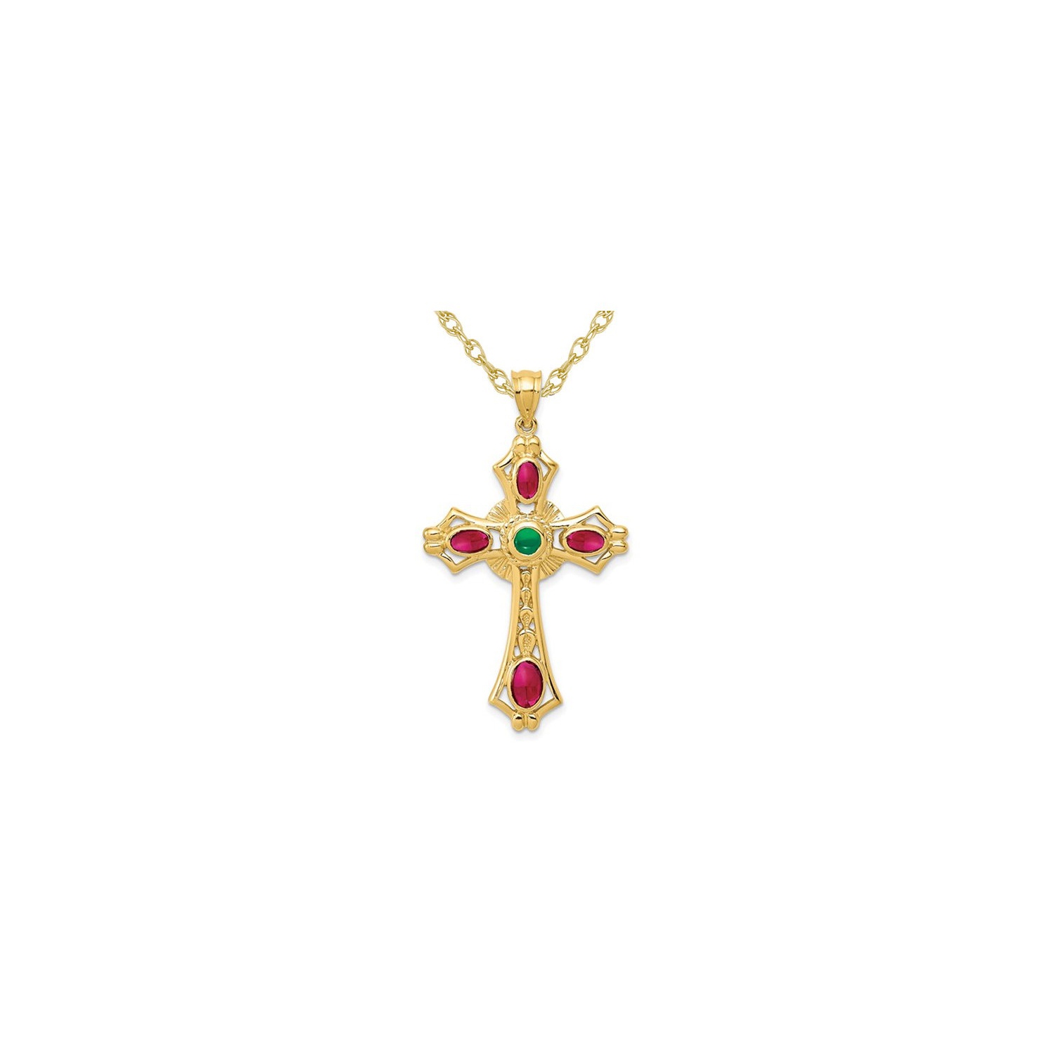 14K Yellow Gold 2.27 Carat Ruby and Emerald Cross Pendant Necklace with Chain