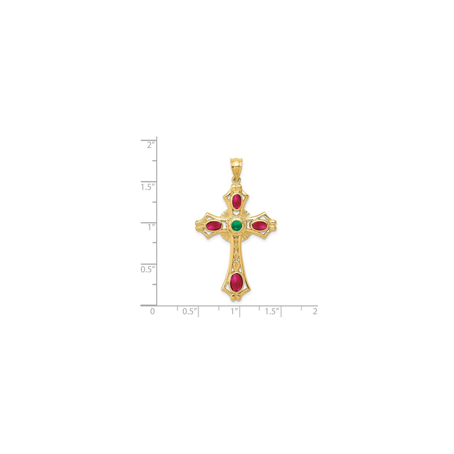 14K Yellow Gold 2.27 Carat Ruby and Emerald Cross Pendant Necklace with Chain