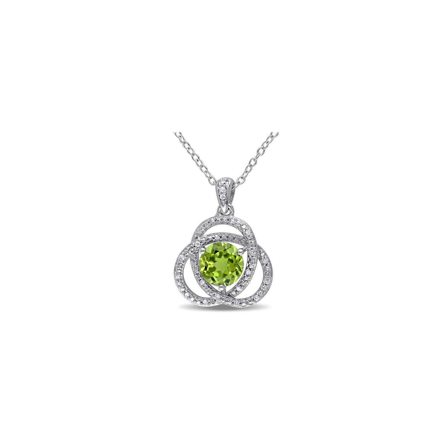 1.52 Carat Peridot Trillium Pendant Necklace in Sterling Silver with Chain and Diamonds