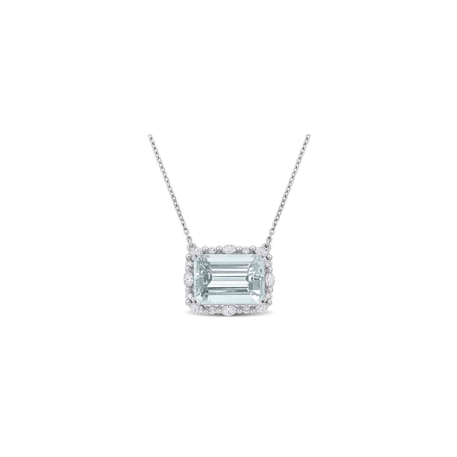 5.00 Carat Aquamarine Halo Pendant Necklace in 14K White Gold with Chain and Diamonds
