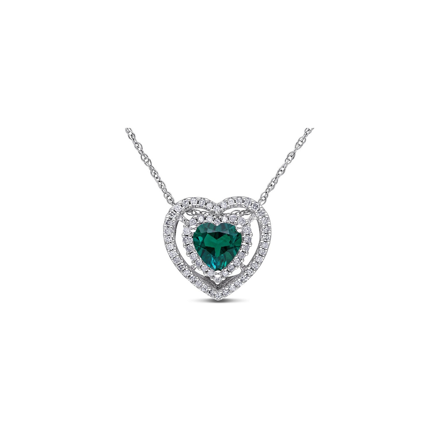 3/4 Carat Lab-Created Emerald Heart Pendant Necklace in 10K White Gold with Diamonds and Chain