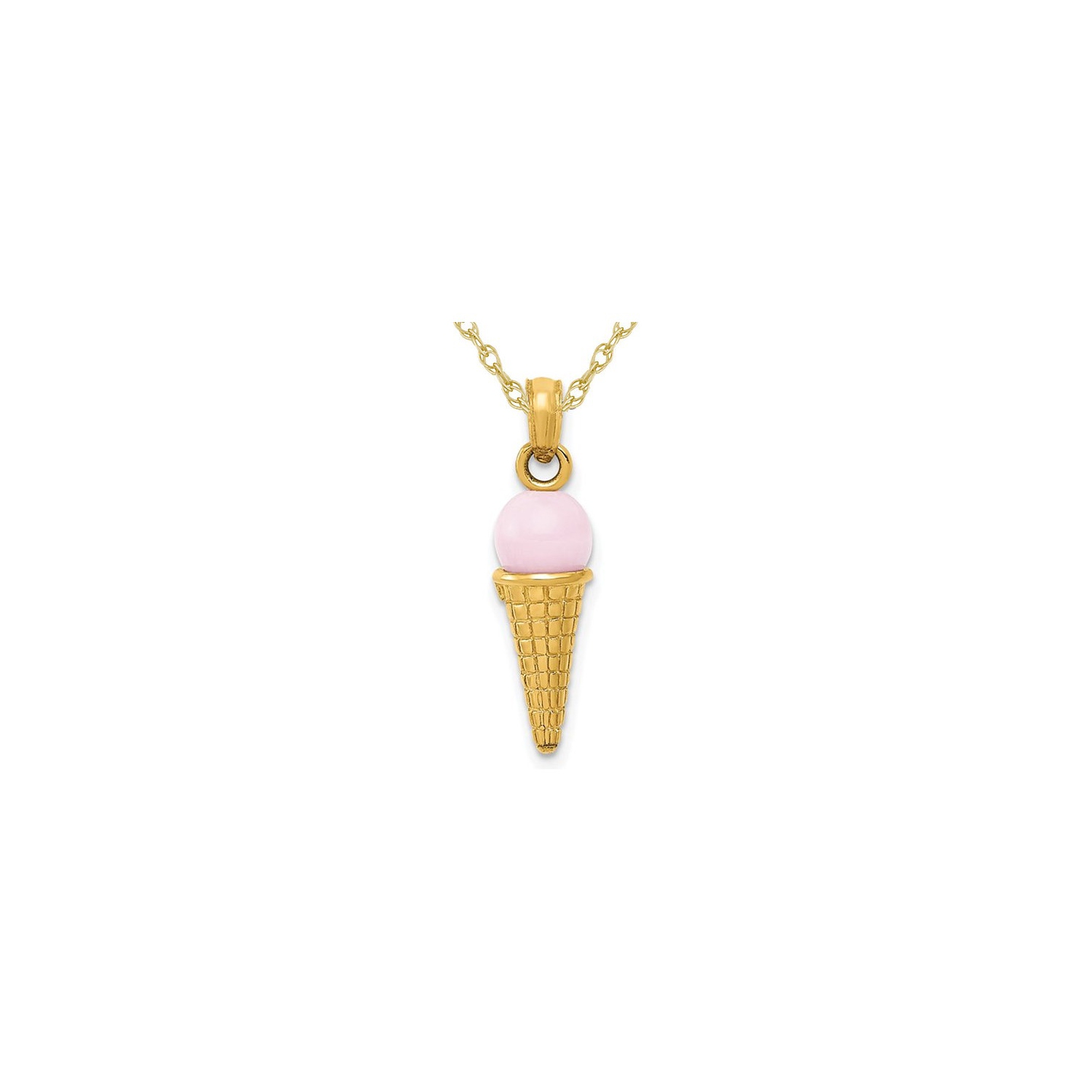 14K Yellow Gold Pink Quartz Ice Cream Cone Charm Pendant Necklace with Chain