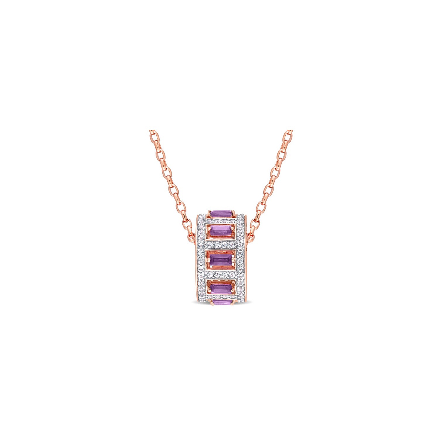 2.14 Carat African Amethyst and White Topaz Spinner Pendant Necklace in Rose Plated Sterling Silver with Chain