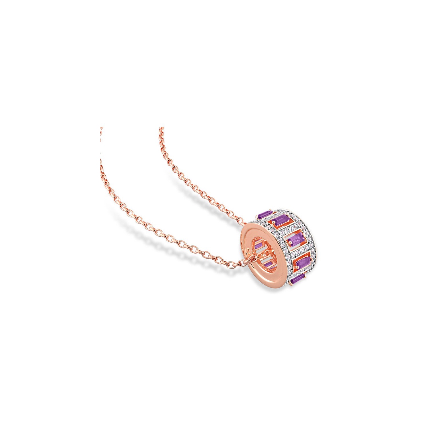2.14 Carat African Amethyst and White Topaz Spinner Pendant Necklace in Rose Plated Sterling Silver with Chain