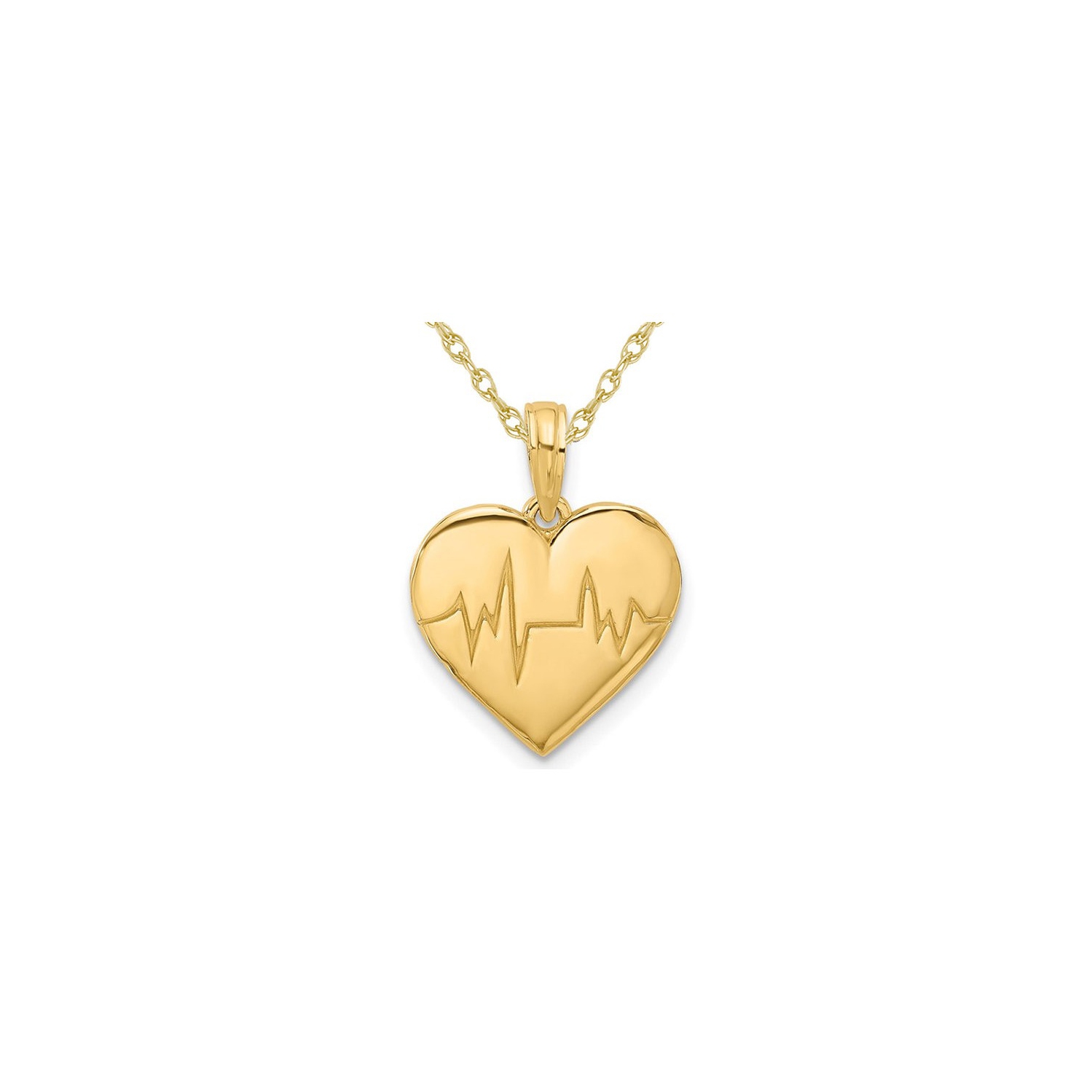 14K Yellow Gold EKG Heart Charm Pendant Necklace with Chain