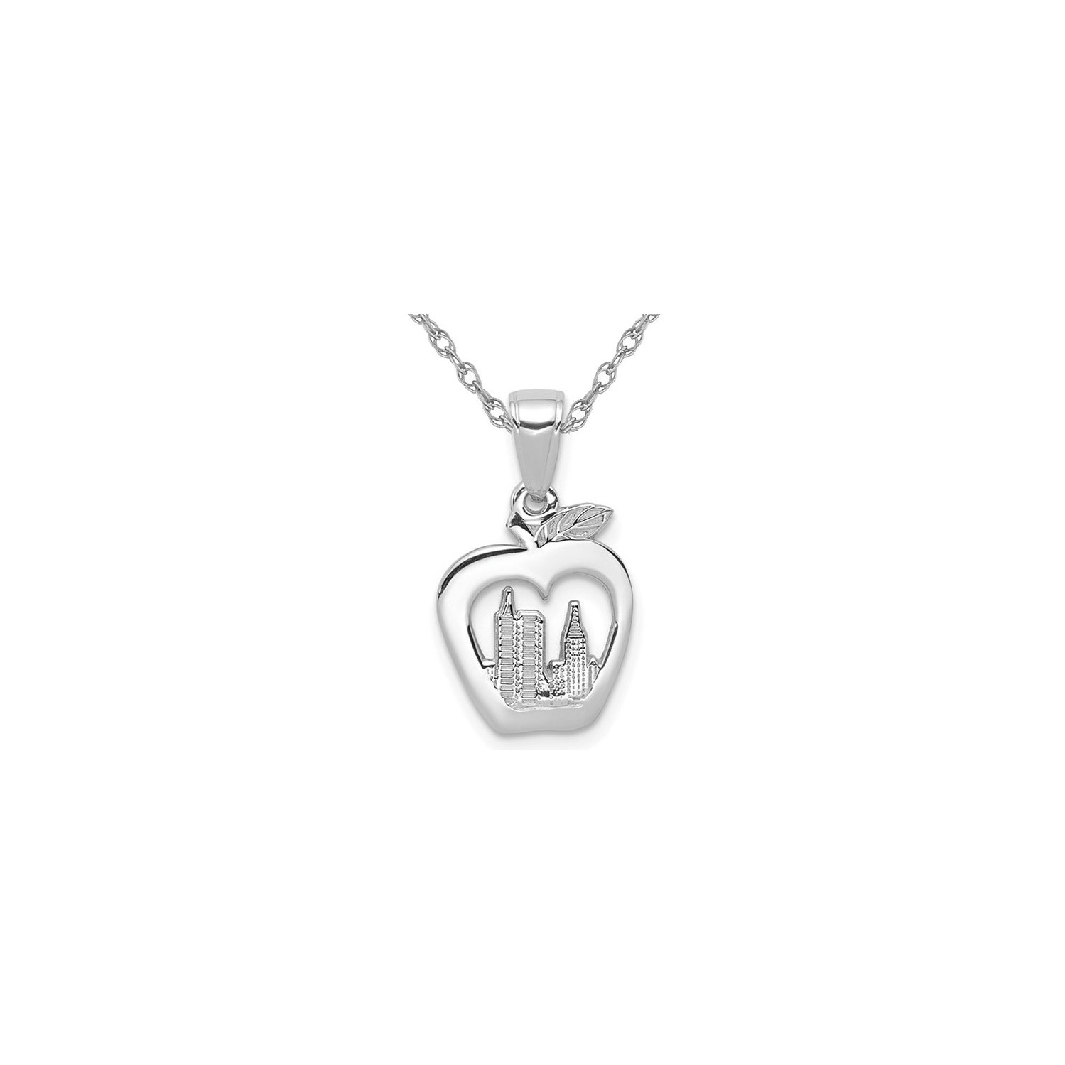 14K White Gold New York Skyline Apple Charm Pendant Necklace with Chain
