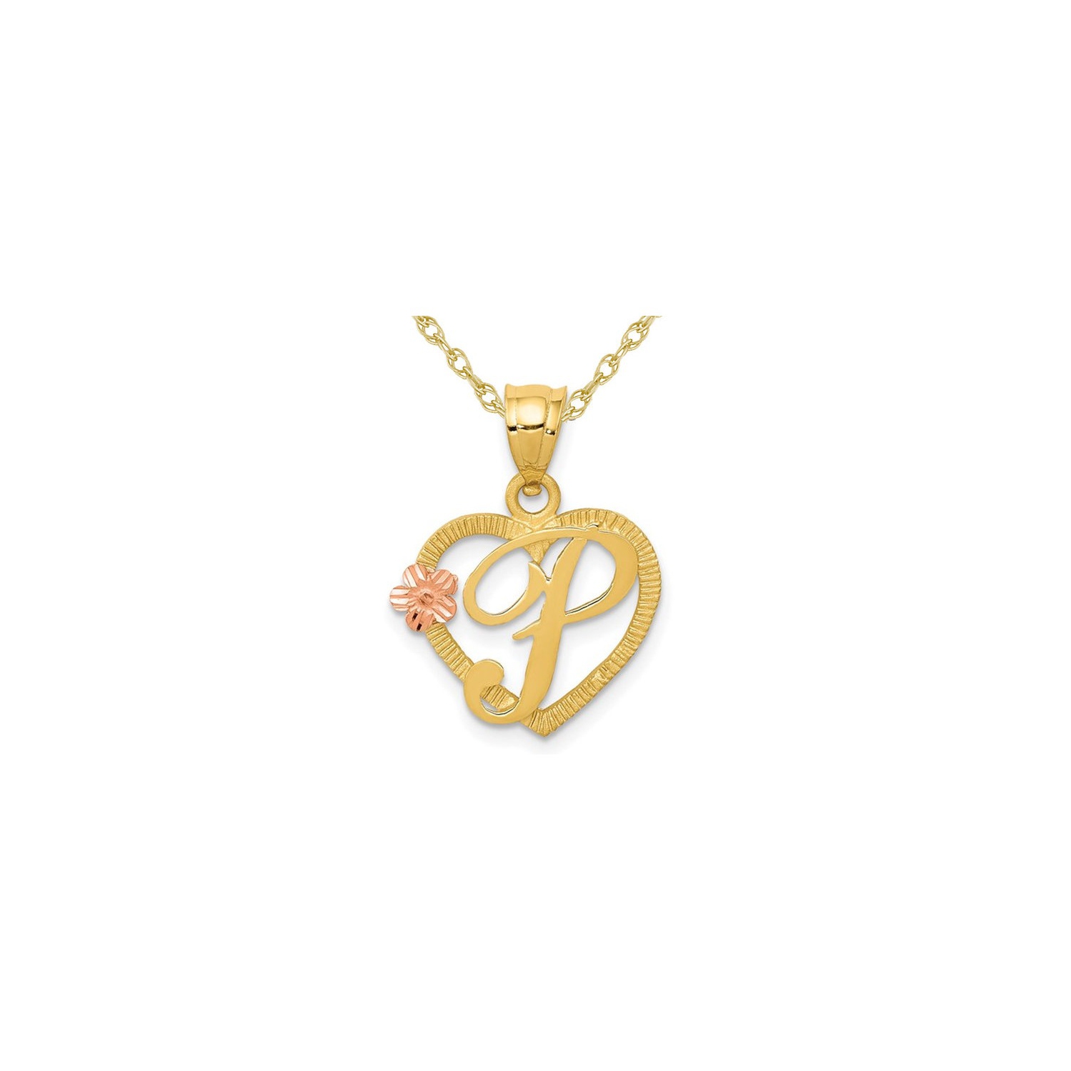 14K Yellow Gold Initial -P- Heart Necklace Pendant Charm with Chain