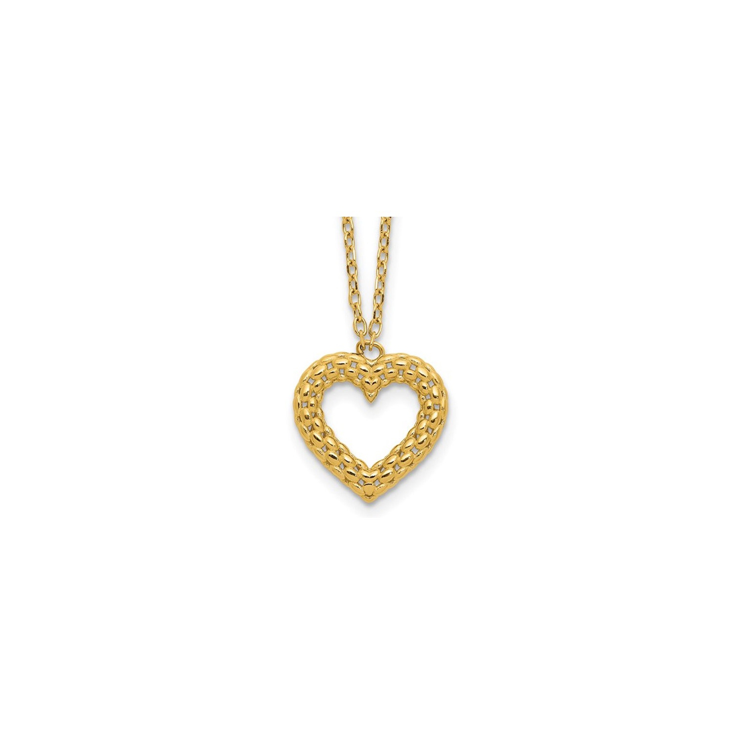 14K Yellow Gold Polished Textured Heart Pendant Necklace and Chain
