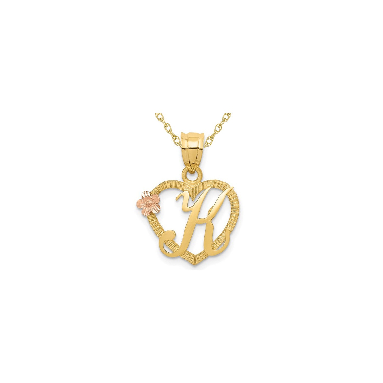 14K Yellow Gold Initial -K- Heart Necklace Pendant Charm with Chain