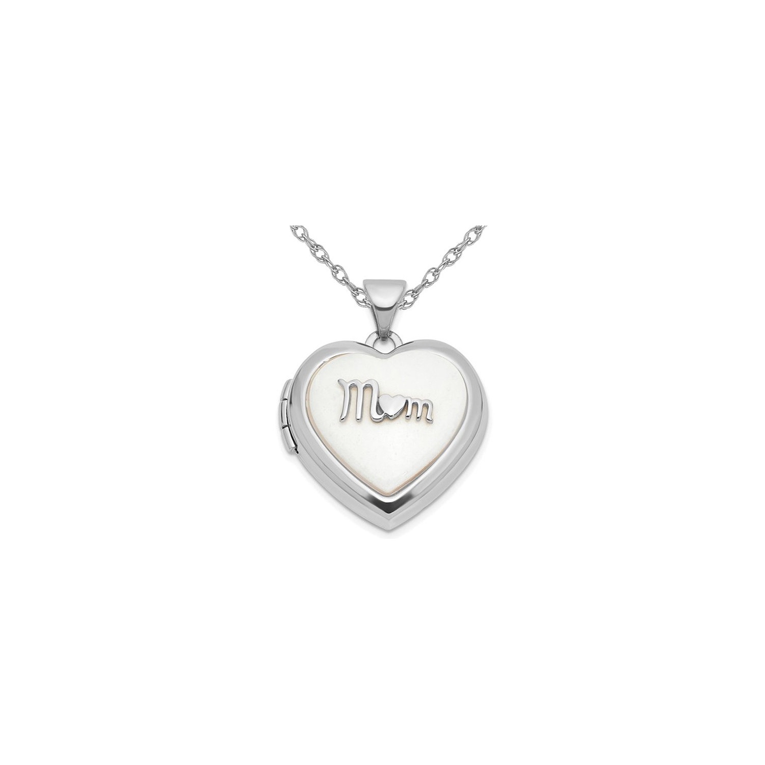 14K White Gold Heart MOM Locket Pendant Necklace with White Agate and Chain