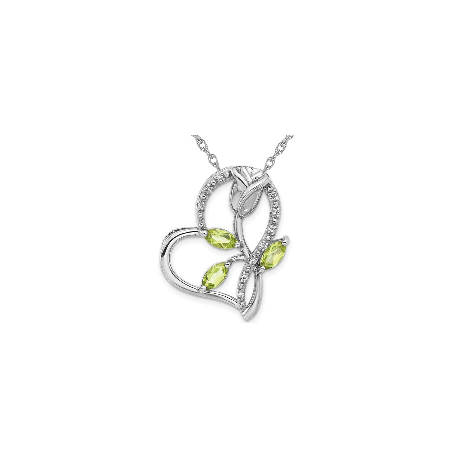 1.29 Carat Peridot and White Topaz Flower Heart Pendant Necklace in Sterling Silver with Chain