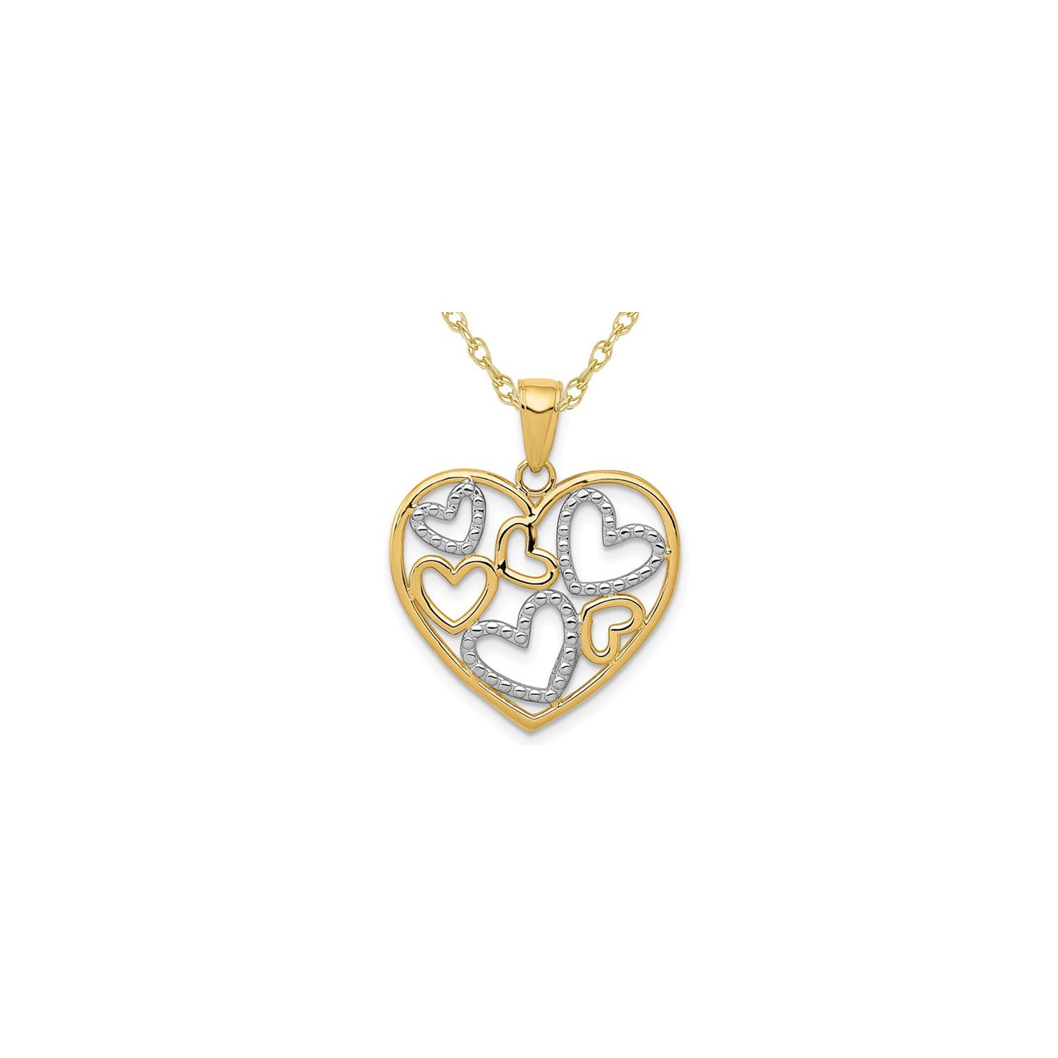 14K Yellow and White Gold Heart Charm Pendant Necklace with Chain