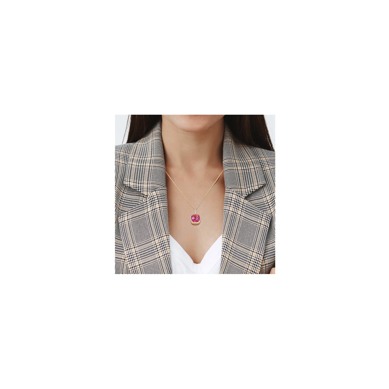 8.36 Carat Pink Topaz and White Sapphire Dangle Pendant Necklace in Yellow Sterling Silver with Chain