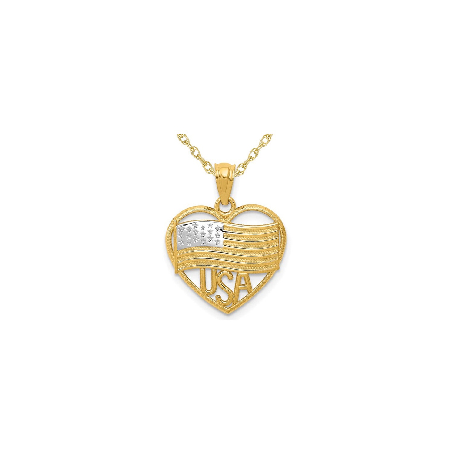 14K Yellow Gold Heart Shaped American Flag USA Charm Pendant Necklace with Chain