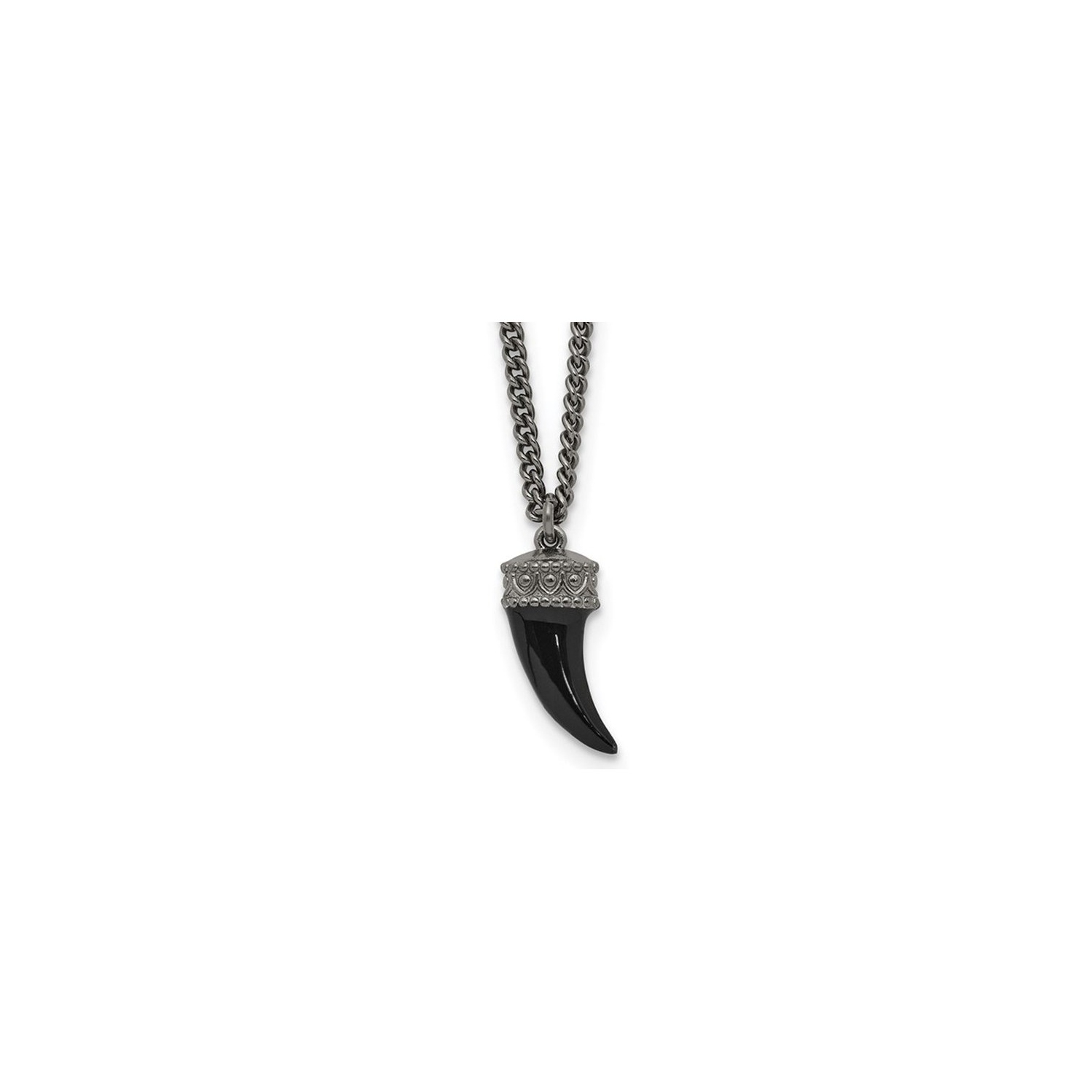 Black Enamel Horn Pendant Necklace in Antiqued Sterling Silver