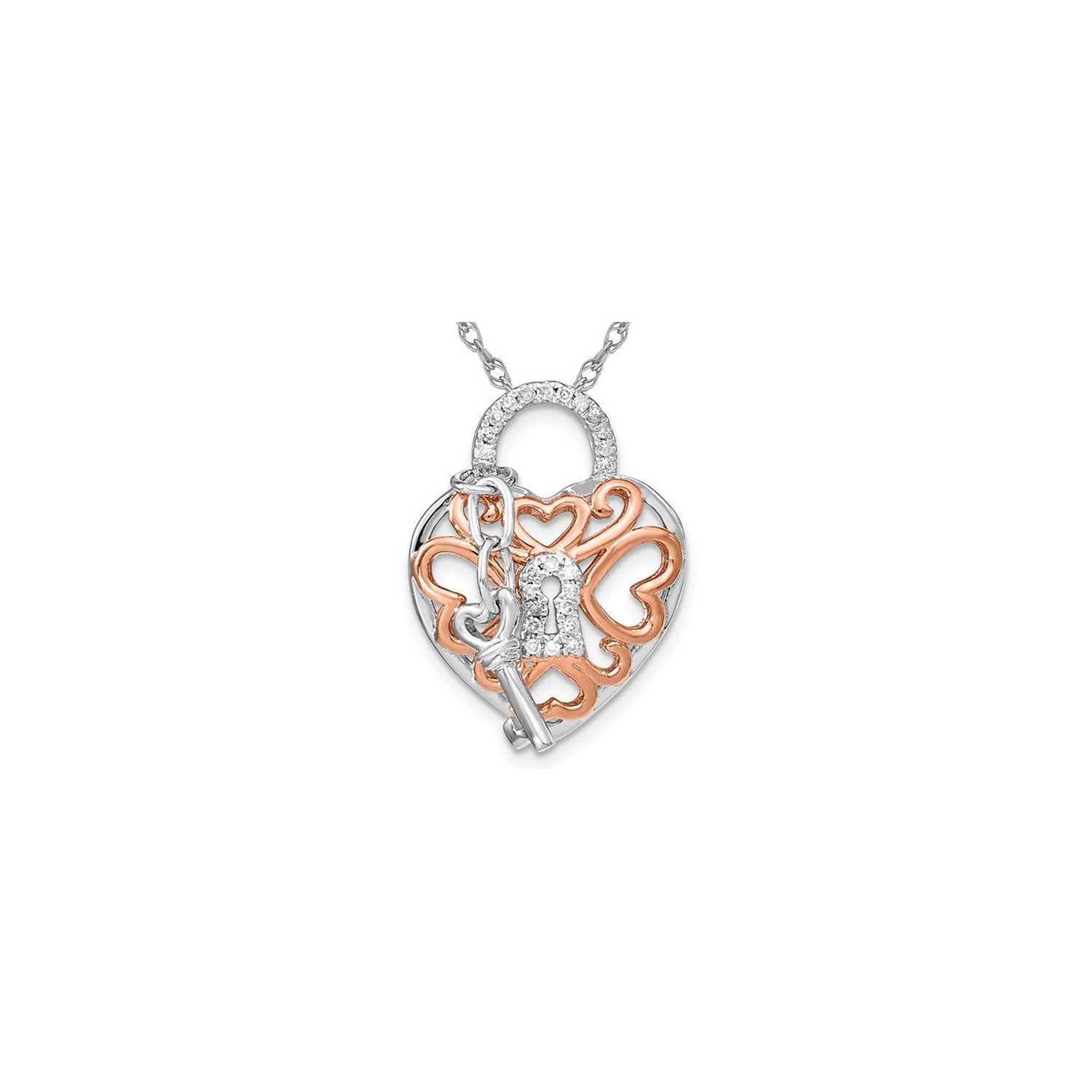 Sterling Silver Key & Heart Lock Pendant Necklace with Chain and Diamonds