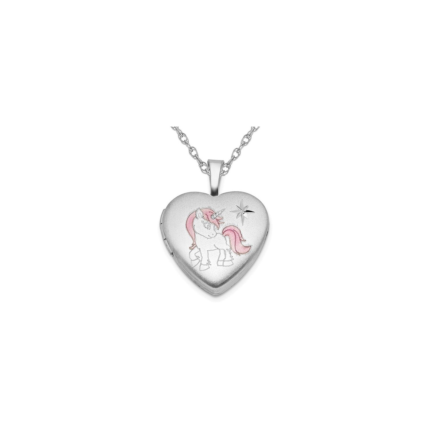 Sterling Silver Satin Polished Unicorn Pendant Locket with Chain