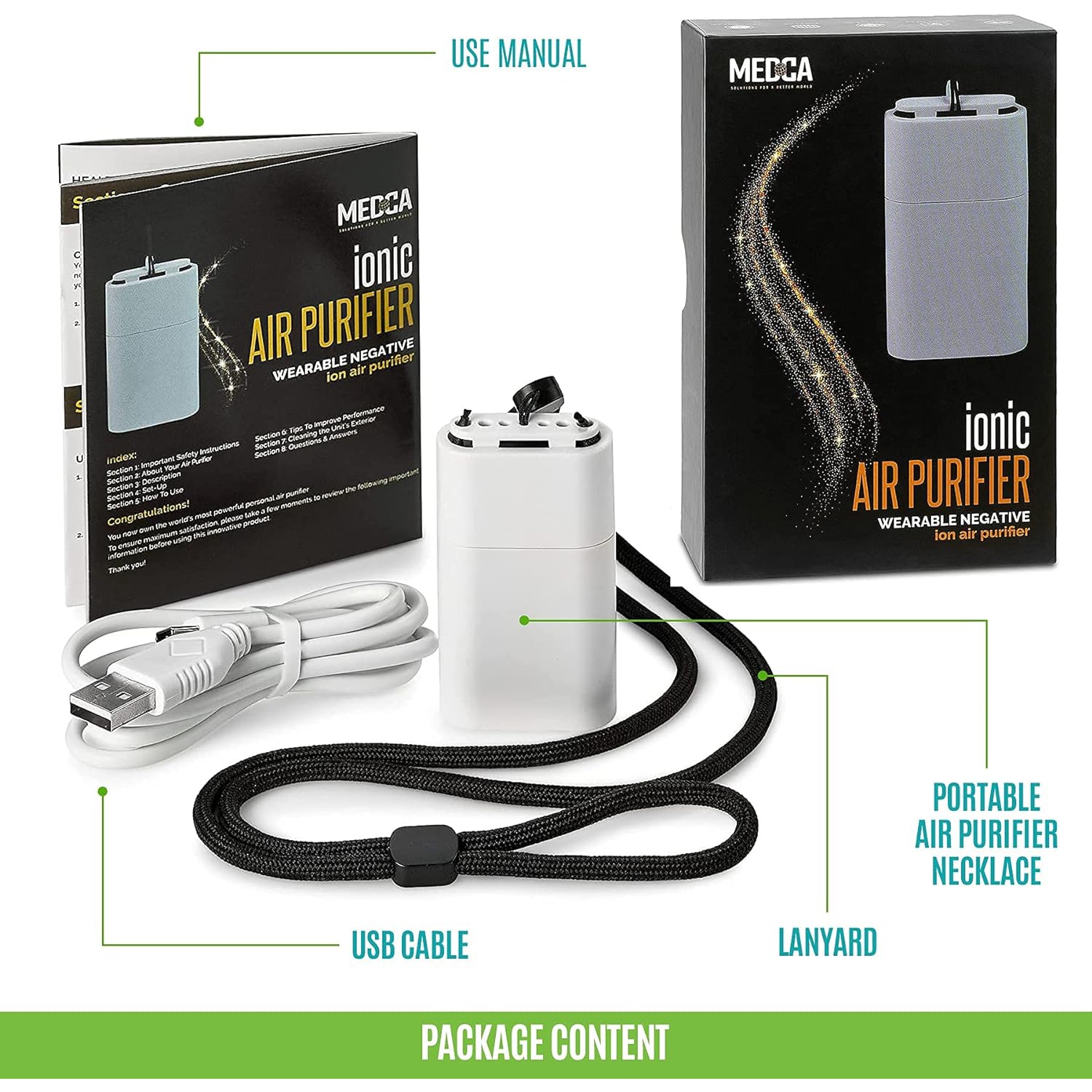 Portable Air Purifier Necklace - Rechargeable and Wearable Personal Air Device for Kids and Adults - Portable & Travel Size, Use at Home, Office,