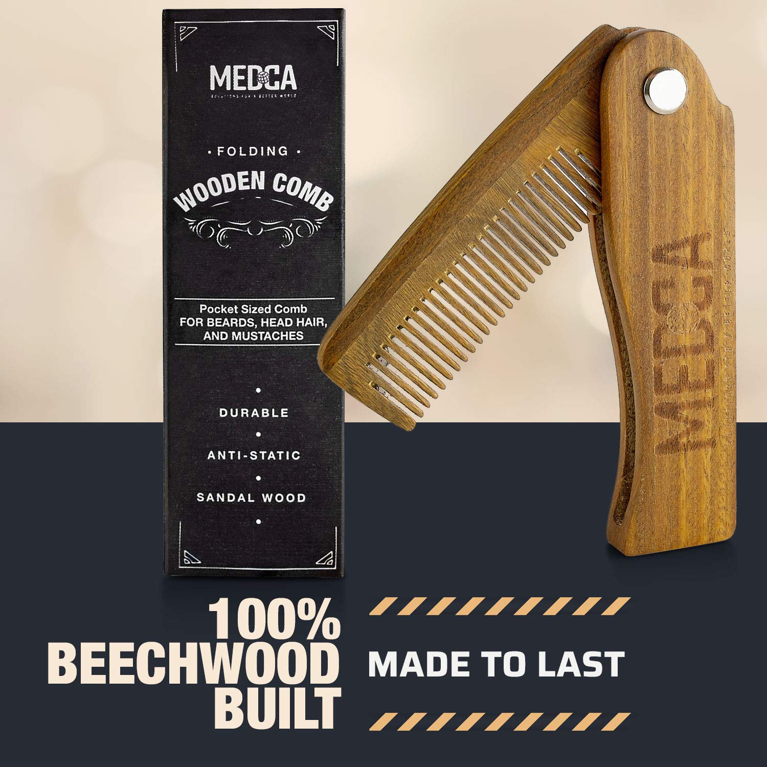 Peigne en bois pliable - bois de hêtre massif à 100 % - barbe à dents fines, moustache, peigne-brosse à cheveux pour hommes avec n'importe quel type