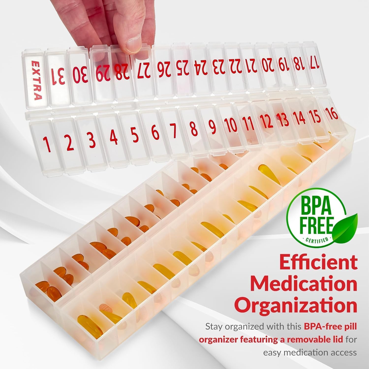 Large Pill Organizer Monthly 32 Compartments - 30 Day Pill Organizer 1 Time a Day, Large Compartment Box for Medications, Bpa-Free Plastic, Removable