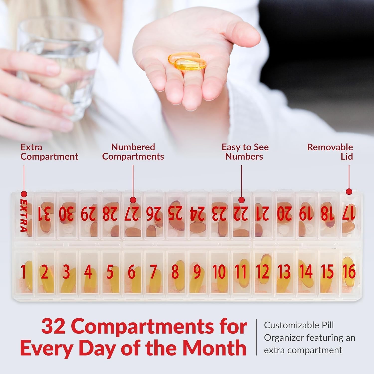 Large Pill Organizer Monthly 32 Compartments - 30 Day Pill Organizer 1 Time a Day, Large Compartment Box for Medications, Bpa-Free Plastic, Removable
