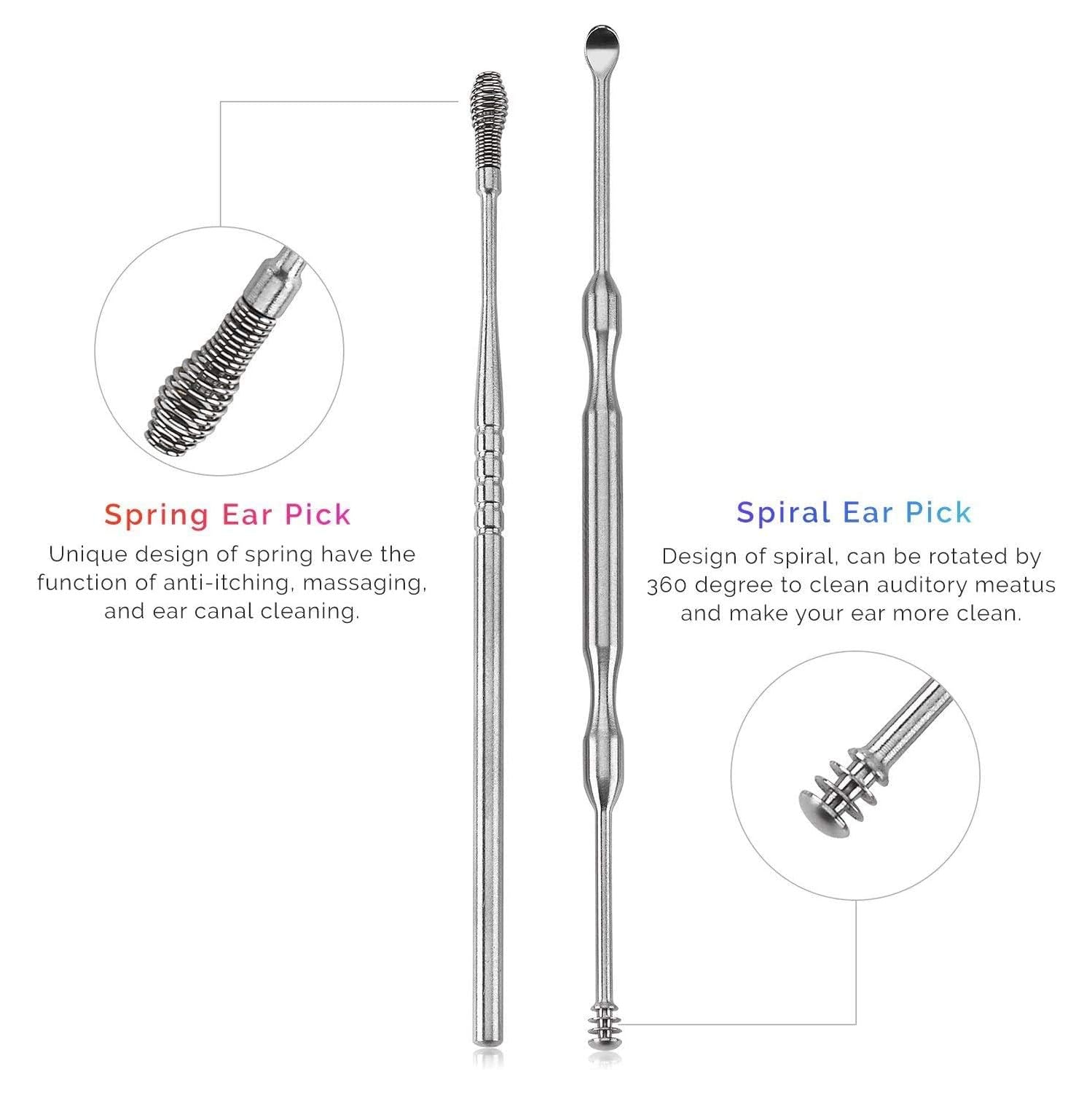 Ear Wax Removal Kit - 6 Piece Ear Cleansing Tool Set, Stainless Steel Ear Curette Earwax Removal Kit for Thorough Ear Cleaner with Spiral Spring