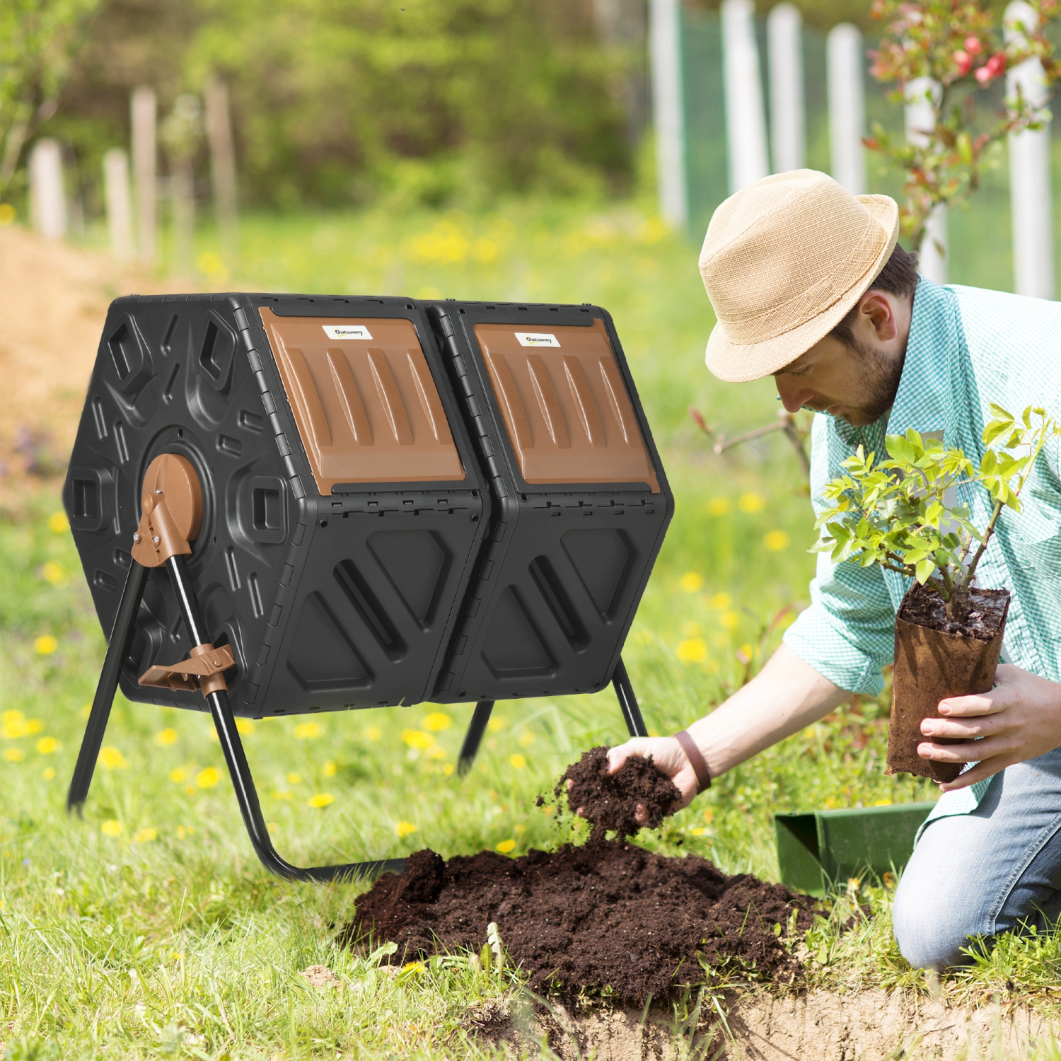Outsunny – Bac à compost à deux chambres de 34,5 gallons, composter rotatif, gobelet à compost avec 24 ouvertures de ventilation et pattes en acier,