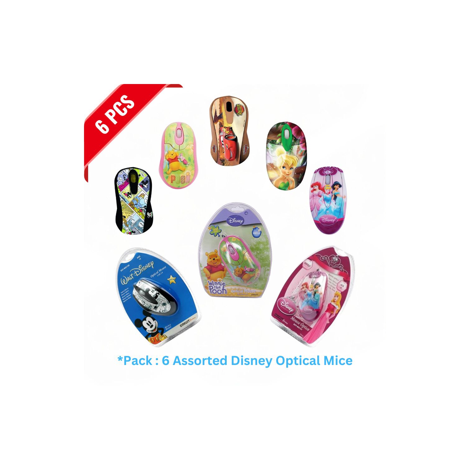 [Paquet de 6] Souris optique personnages Disney assortis