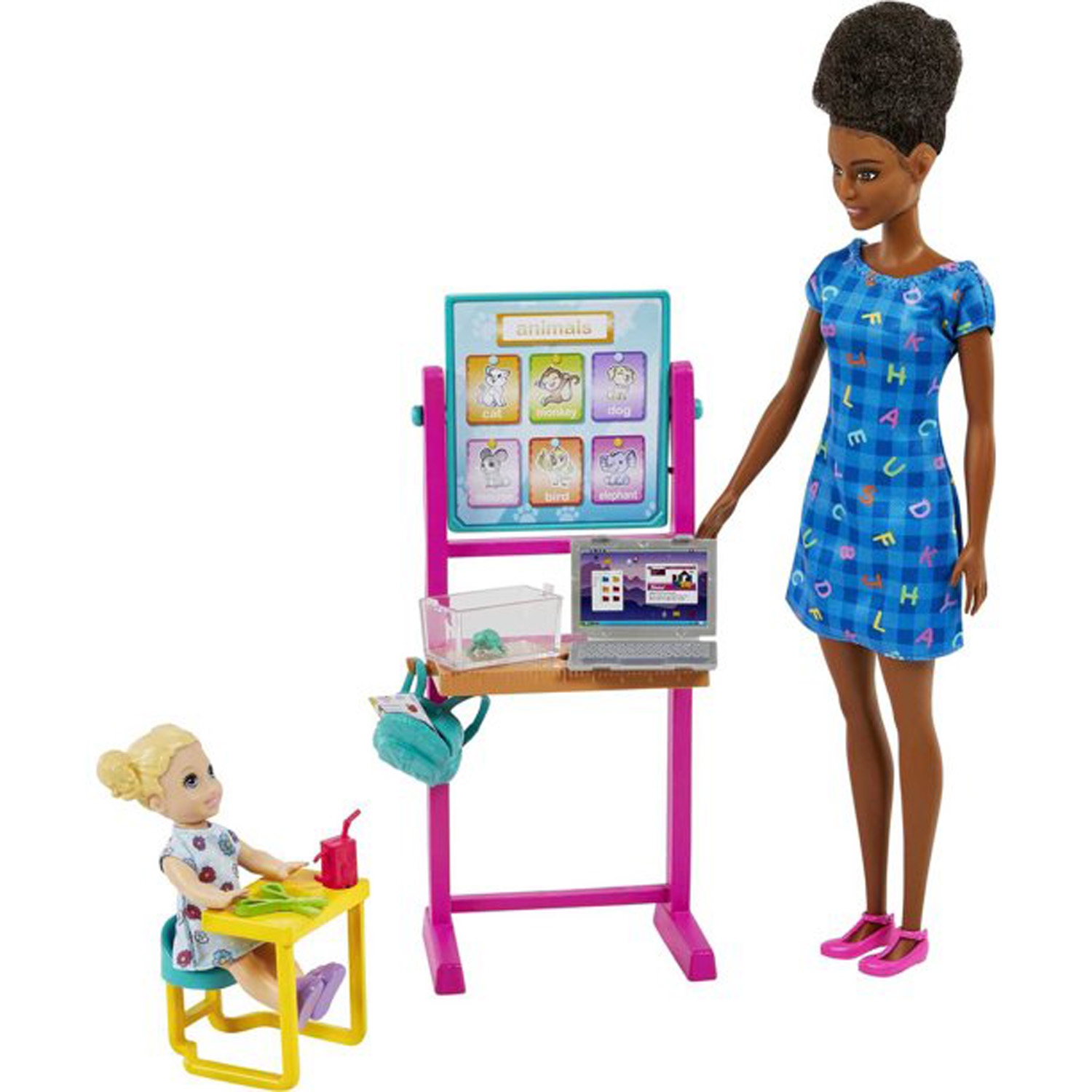 Barbie Teacher Doll, poupée pour tout-petit (Blonde), plateau rabattable, portable, sac à dos et bureau