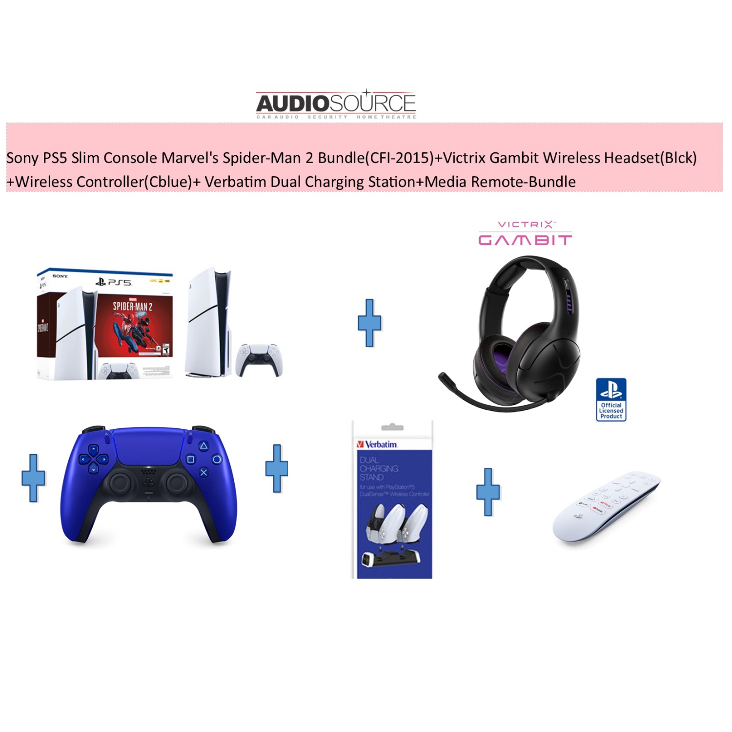 Sony PS5 Slim Console Marvel's Spider-Man 2 Bundle(CFI-2015)+Wireless Headset(Blck)+Wireless Controller(Cblue)+ Dual Charging Station+Media Remote-Bundle