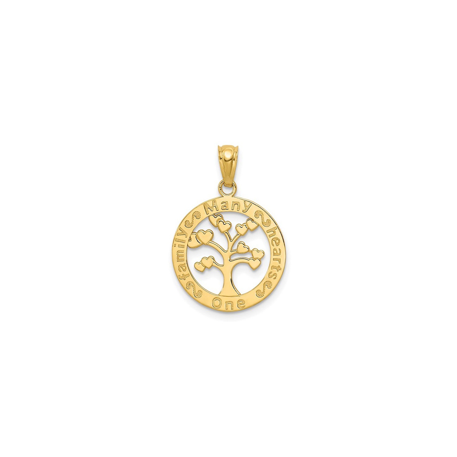 14K Yellow Gold Polished ONE FAMILY MANY HEARTS Tree Pendant Charm