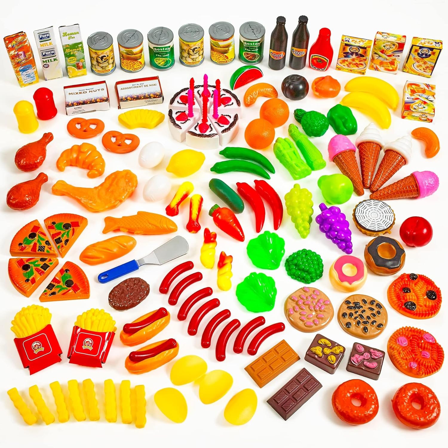 MEDca Kids Play Food Set - 130 Piece Pretend Play Food Collection - Assorted Fake Food Set Includes Fruits Vegetables Snacks Dessert Juices Canned