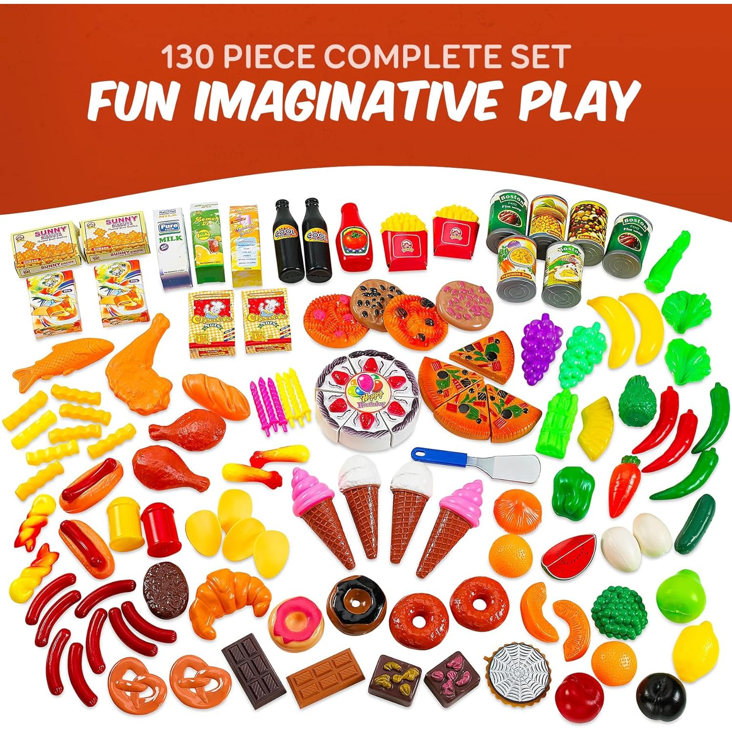 MEDca Kids Play Food Set - 130 Piece Pretend Play Food Collection - Assorted Fake Food Set Includes Fruits Vegetables Snacks Dessert Juices Canned