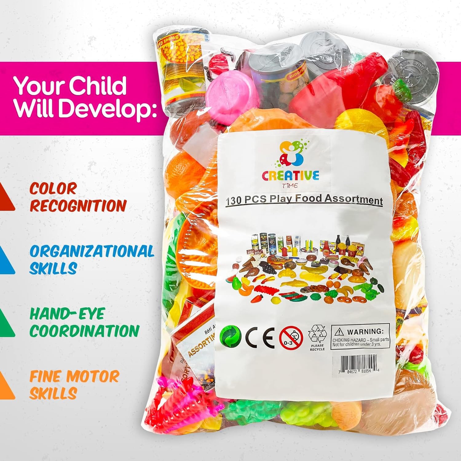 MEDca Kids Play Food Set - 130 Piece Pretend Play Food Collection - Assorted Fake Food Set Includes Fruits Vegetables Snacks Dessert Juices Canned