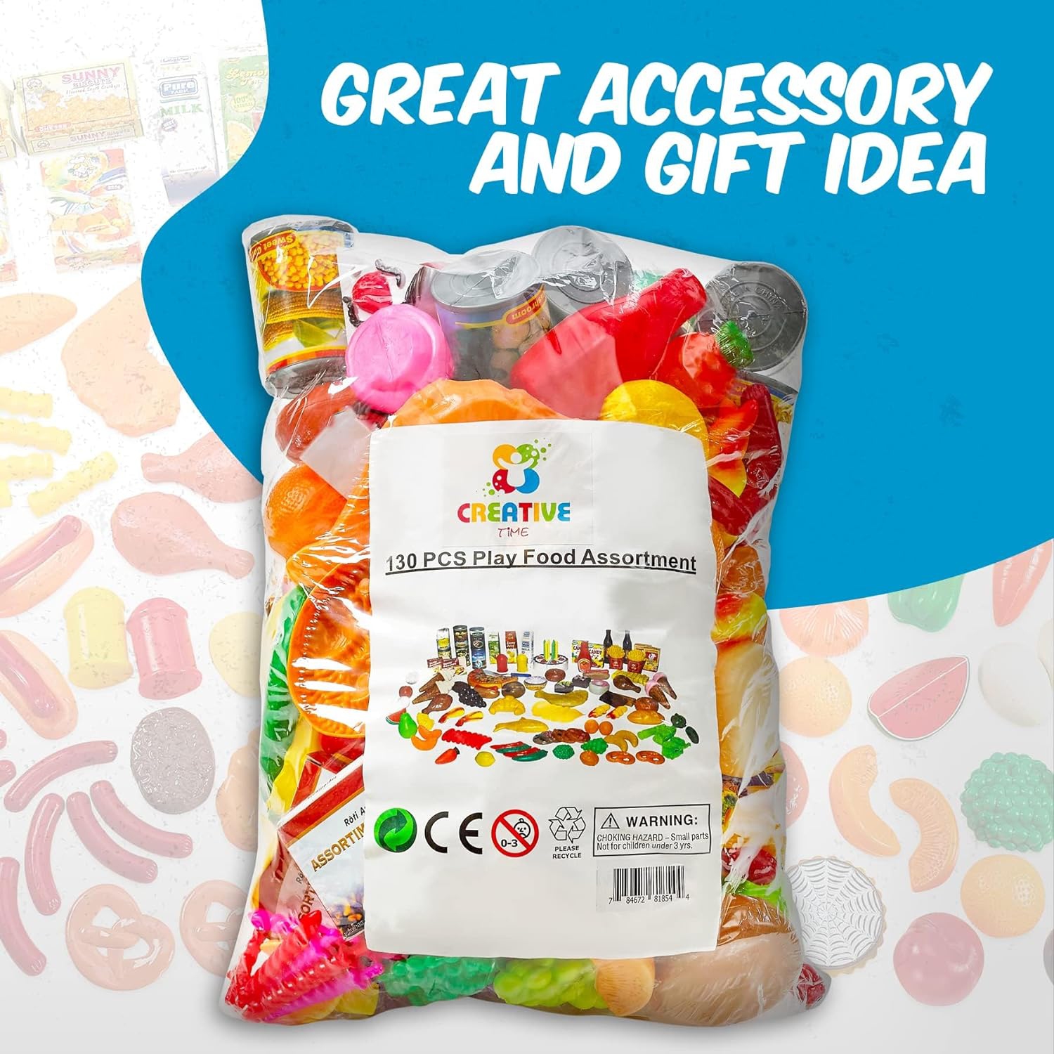 MEDca Kids Play Food Set - 130 Piece Pretend Play Food Collection - Assorted Fake Food Set Includes Fruits Vegetables Snacks Dessert Juices Canned