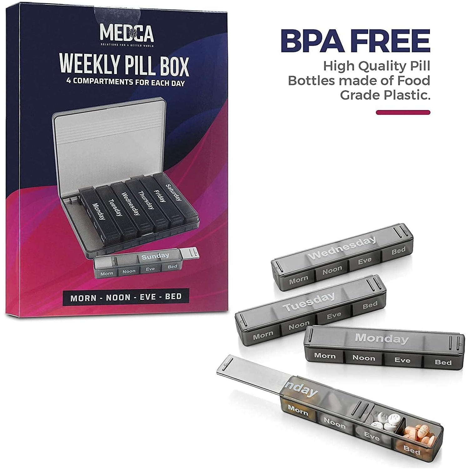 Weekly Pill Organizers - Pack of 2-7-Day Pill Cases w/Removable Daily 4 Times-a-Day Pill Cases, Large AM/PM Medicine Pill Box for Pills Vitamins Easy