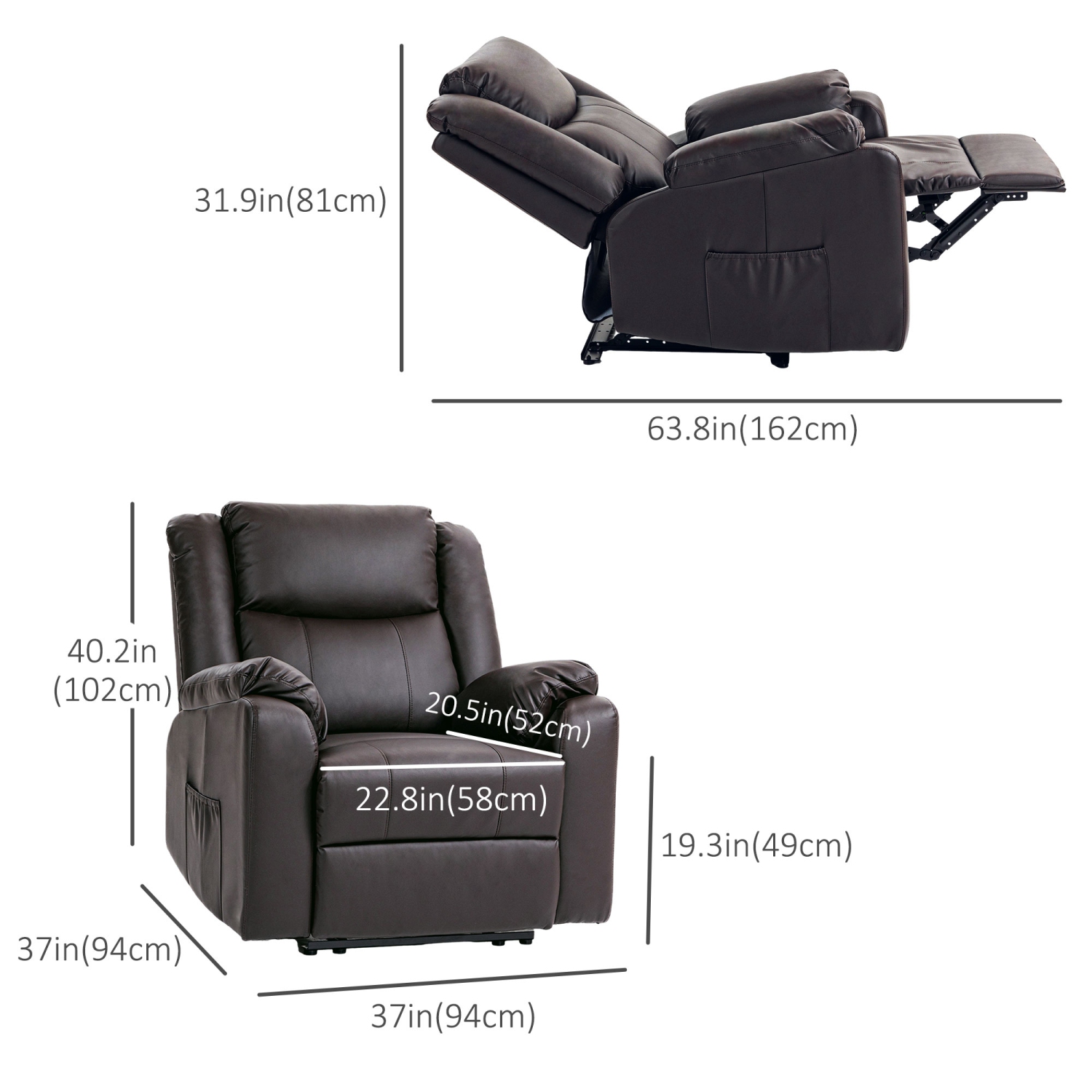 HOMCOM – Fauteuil inclinable pour salon, canapé inclinable simple en similicuir pu, fauteuil inclinable manuel avec repose-pieds, rembourrage épais