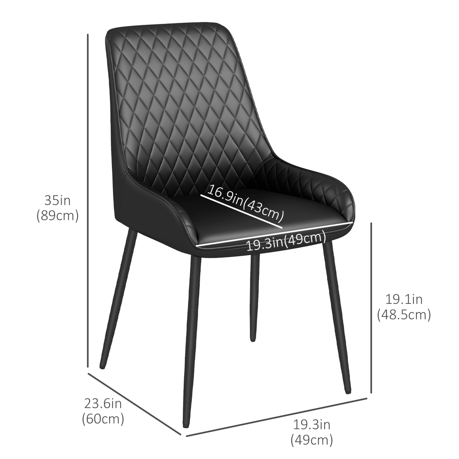 Ensemble de 4 chaises de salle à manger modernes de HOMCOM, chaises de cuisine recouvertes de cuir PU avec capitonnage en losange et pattes en acier